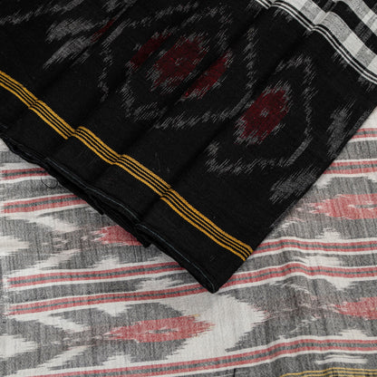Sanskriti Vintage Gray-Black Pure Cotton Saree Hand Ikat Woven 5 YD Craft Fabric