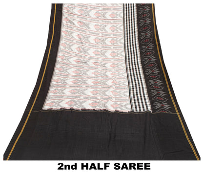 Sanskriti Vintage Gray-Black Pure Cotton Saree Hand Ikat Woven 5 YD Craft Fabric