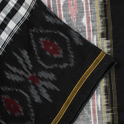 Sanskriti Vintage Gray-Black Pure Cotton Saree Hand Ikat Woven 5 YD Craft Fabric