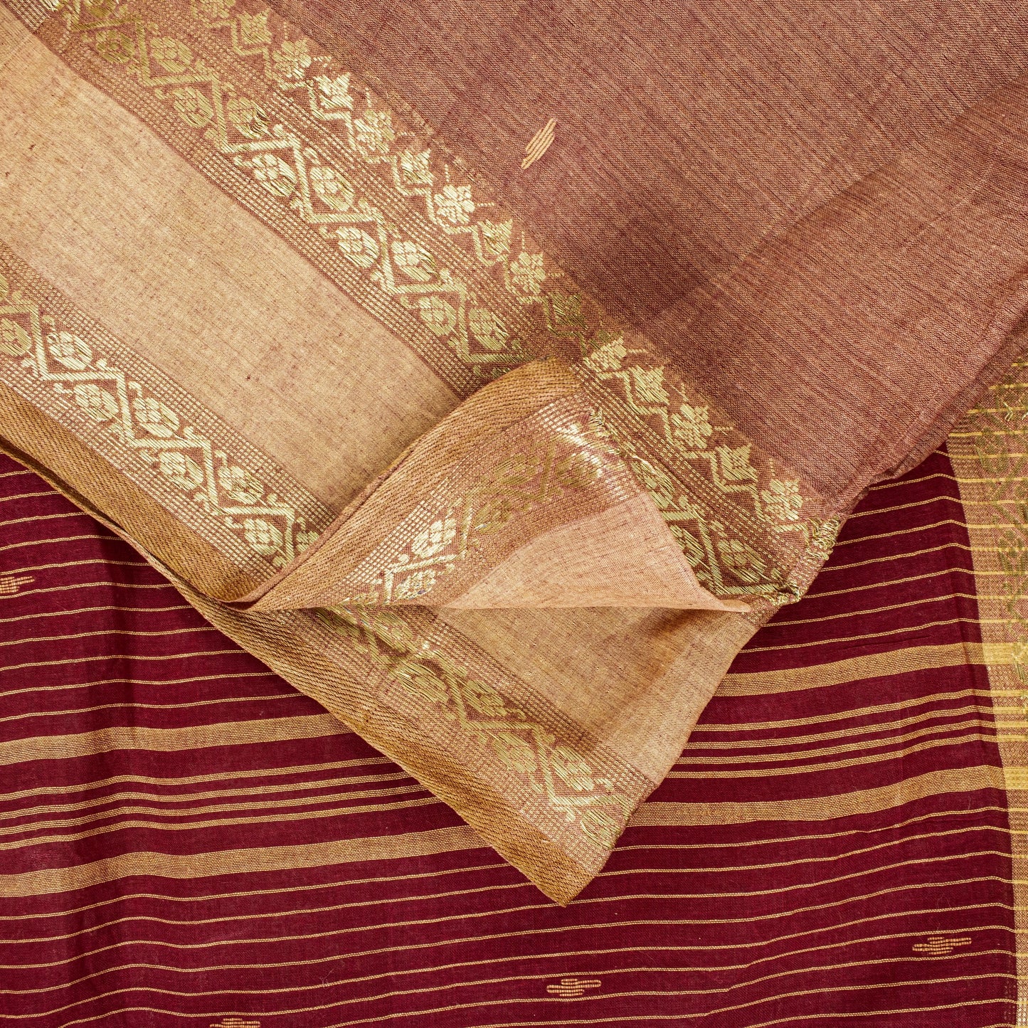 Sanskriti Vintage Red-Brown Pure Cotton Saree Hand Woven Tant Bengal 5+YD Fabric