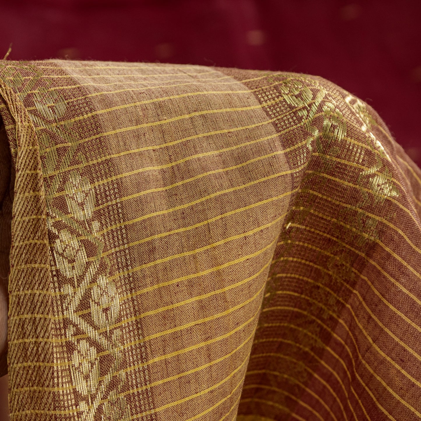 Sanskriti Vintage Red-Brown Pure Cotton Saree Hand Woven Tant Bengal 5+YD Fabric