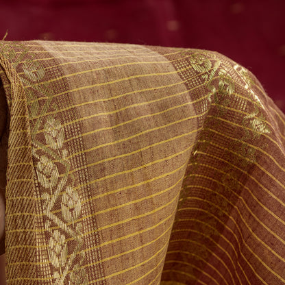 Sanskriti Vintage Red-Brown Pure Cotton Saree Hand Woven Tant Bengal 5+YD Fabric