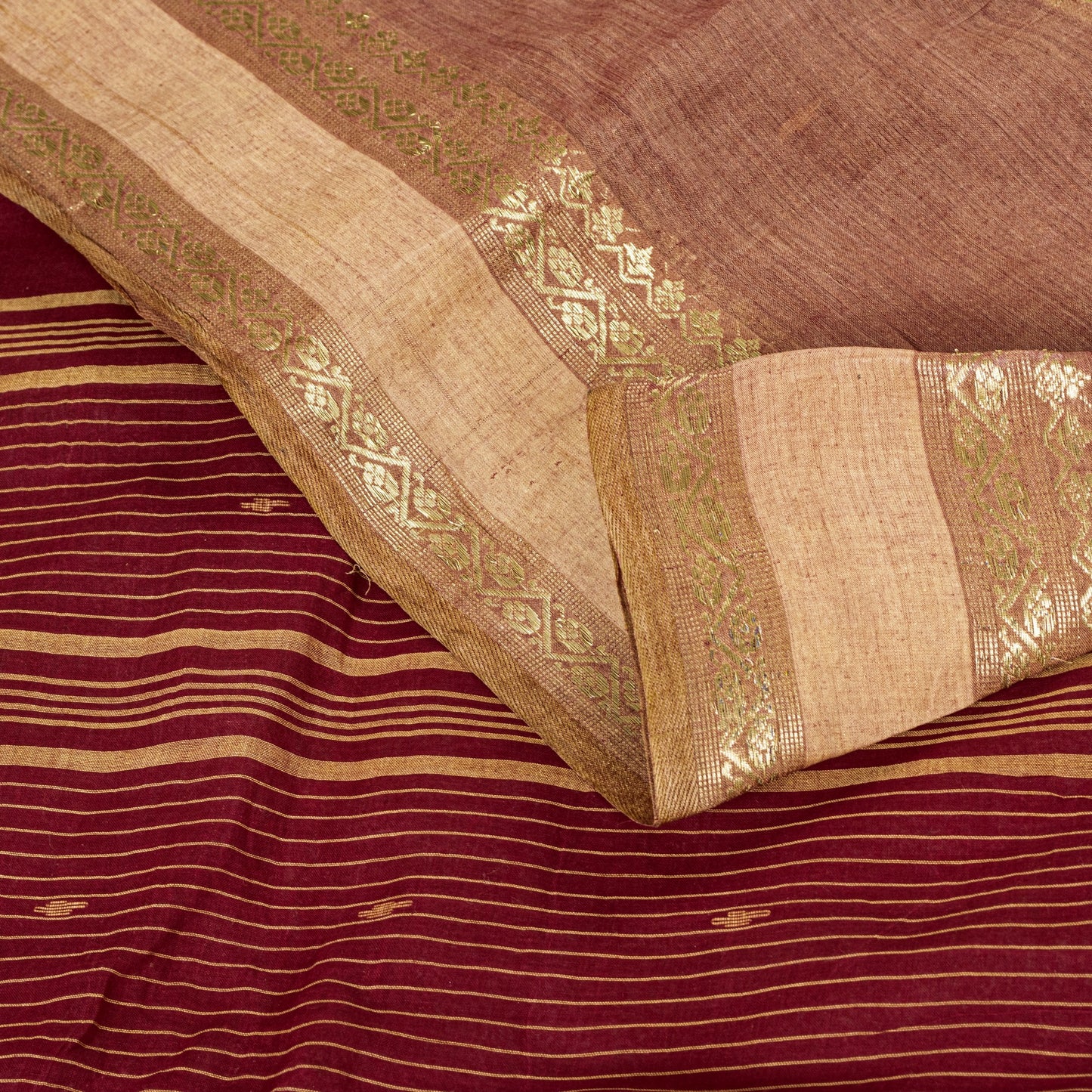 Sanskriti Vintage Red-Brown Pure Cotton Saree Hand Woven Tant Bengal 5+YD Fabric