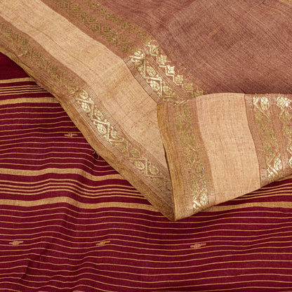 Sanskriti Vintage Red-Brown Pure Cotton Saree Hand Woven Tant Bengal 5+YD Fabric
