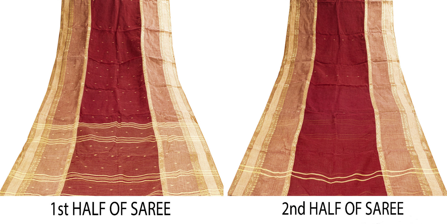 Sanskriti Vintage Red-Brown Pure Cotton Saree Hand Woven Tant Bengal 5+YD Fabric