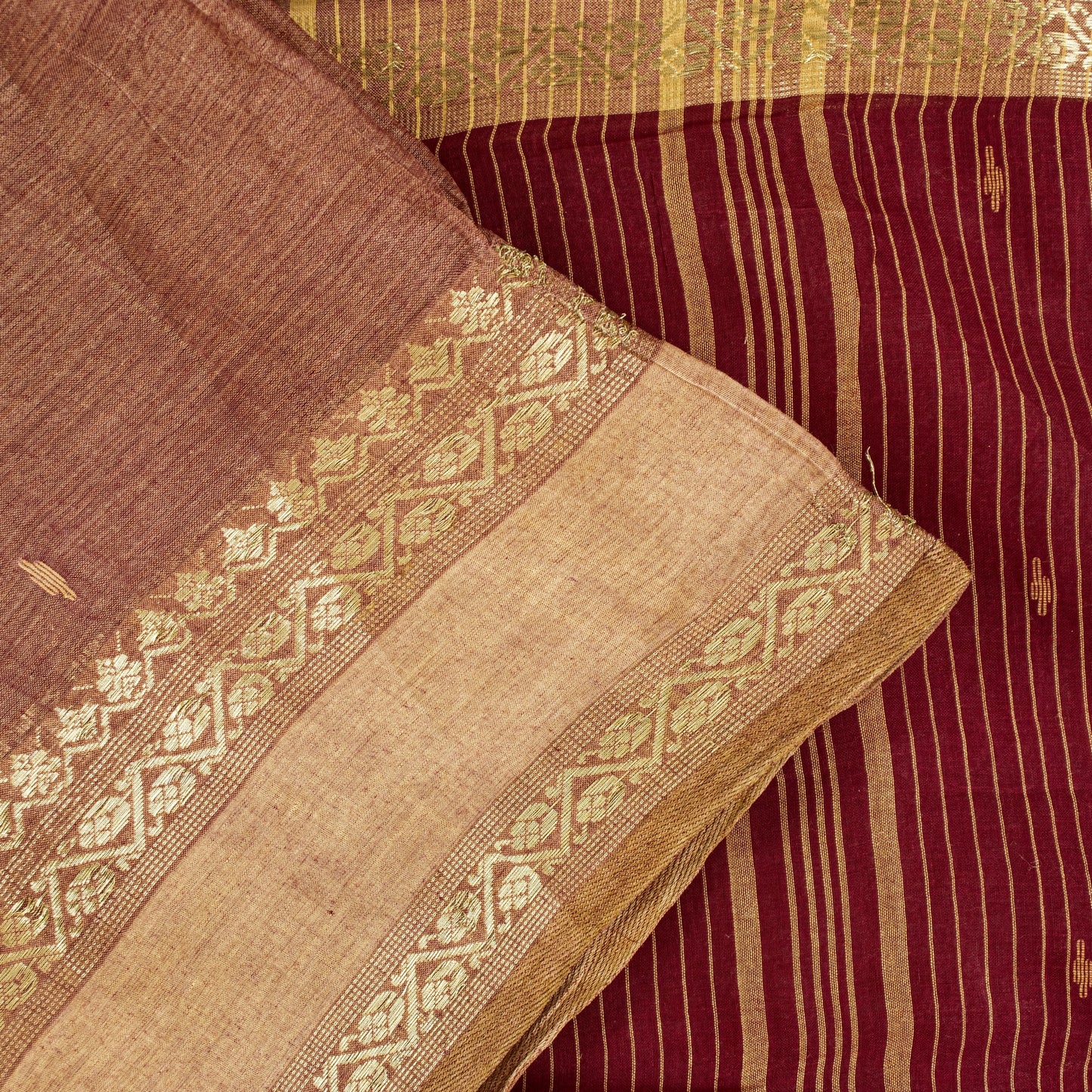 Sanskriti Vintage Red-Brown Pure Cotton Saree Hand Woven Tant Bengal 5+YD Fabric
