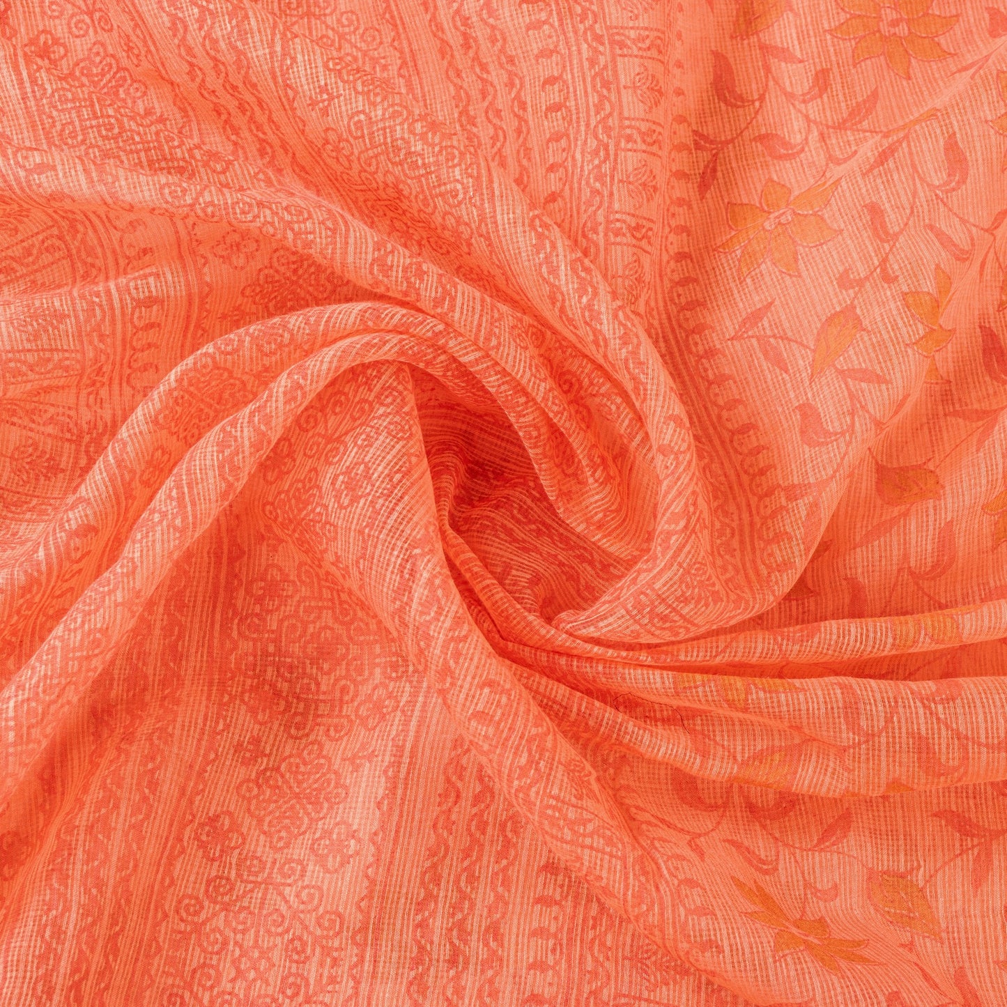 Sanskriti Vintage Peach Blend Cotton Saree Block Print Kota Woven 5.5+YD Fabric