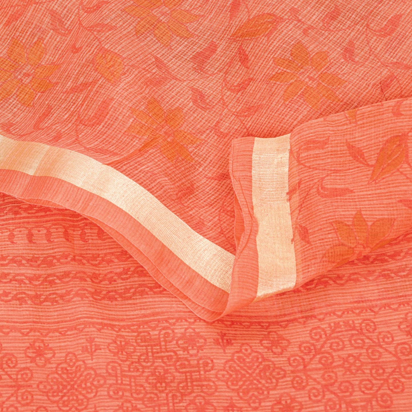 Sanskriti Vintage Peach Blend Cotton Saree Block Print Kota Woven 5.5+YD Fabric