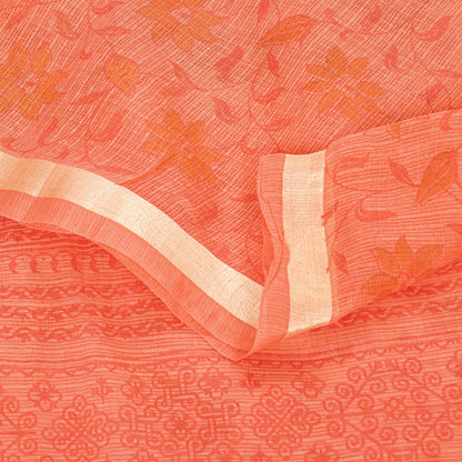 Sanskriti Vintage Peach Blend Cotton Saree Block Print Kota Woven 5.5+YD Fabric