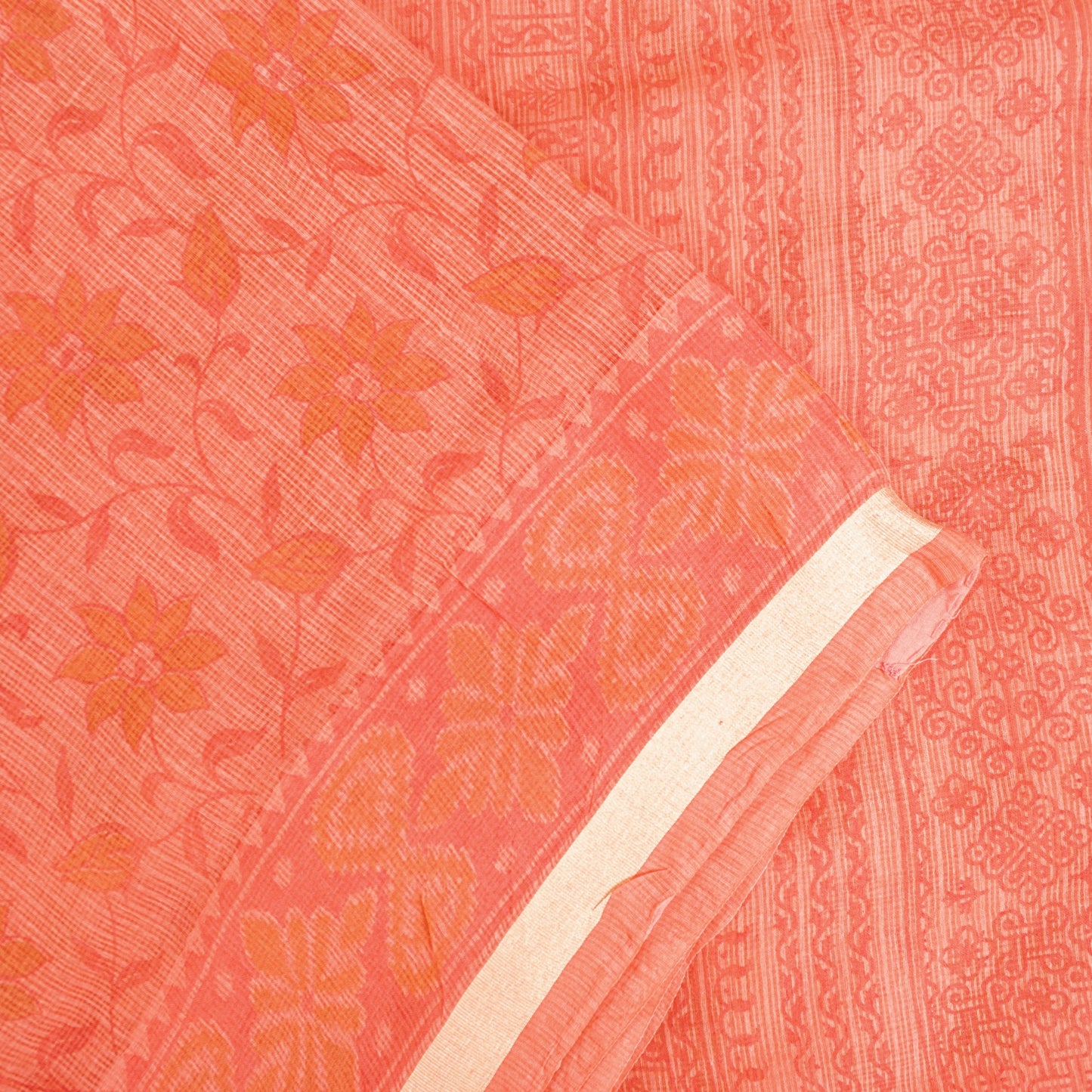 Sanskriti Vintage Peach Blend Cotton Saree Block Print Kota Woven 5.5+YD Fabric