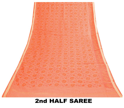 Sanskriti Vintage Peach Blend Cotton Saree Block Print Kota Woven 5.5+YD Fabric