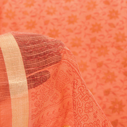 Sanskriti Vintage Peach Blend Cotton Saree Block Print Kota Woven 5.5+YD Fabric
