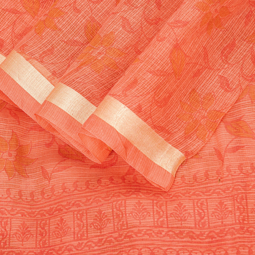 Sanskriti Vintage Peach Blend Cotton Saree Block Print Kota Woven 5.5+YD Fabric