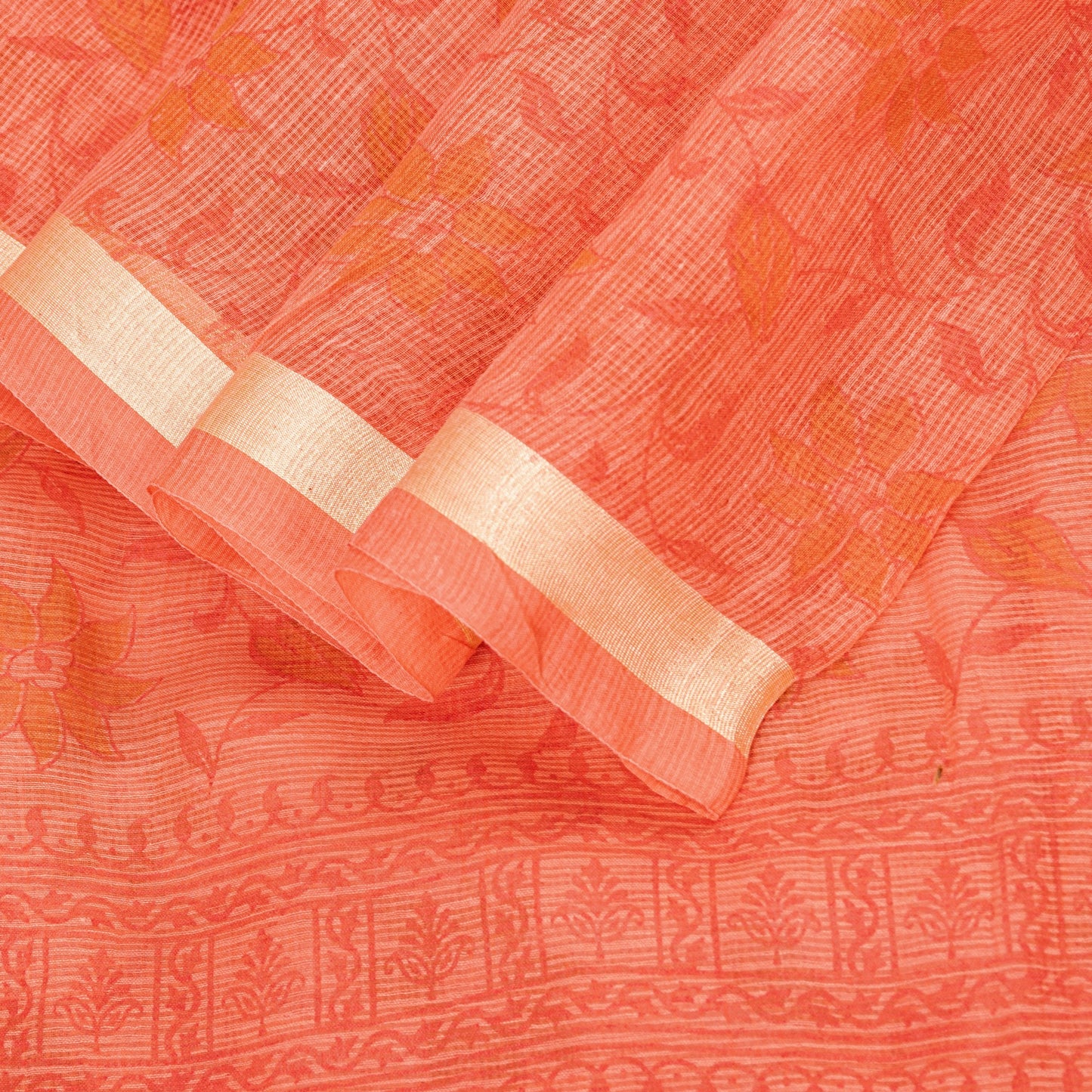Sanskriti Vintage Peach Blend Cotton Saree Block Print Kota Woven 5.5+YD Fabric