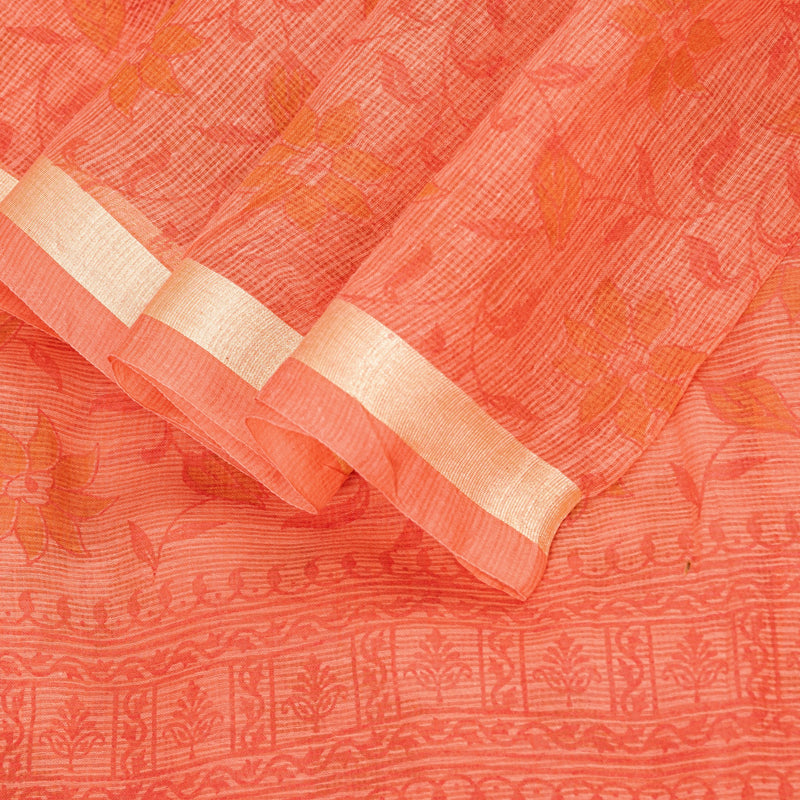 Sanskriti Vintage Peach Blend Cotton Saree Block Print Kota Woven 5.5+YD Fabric