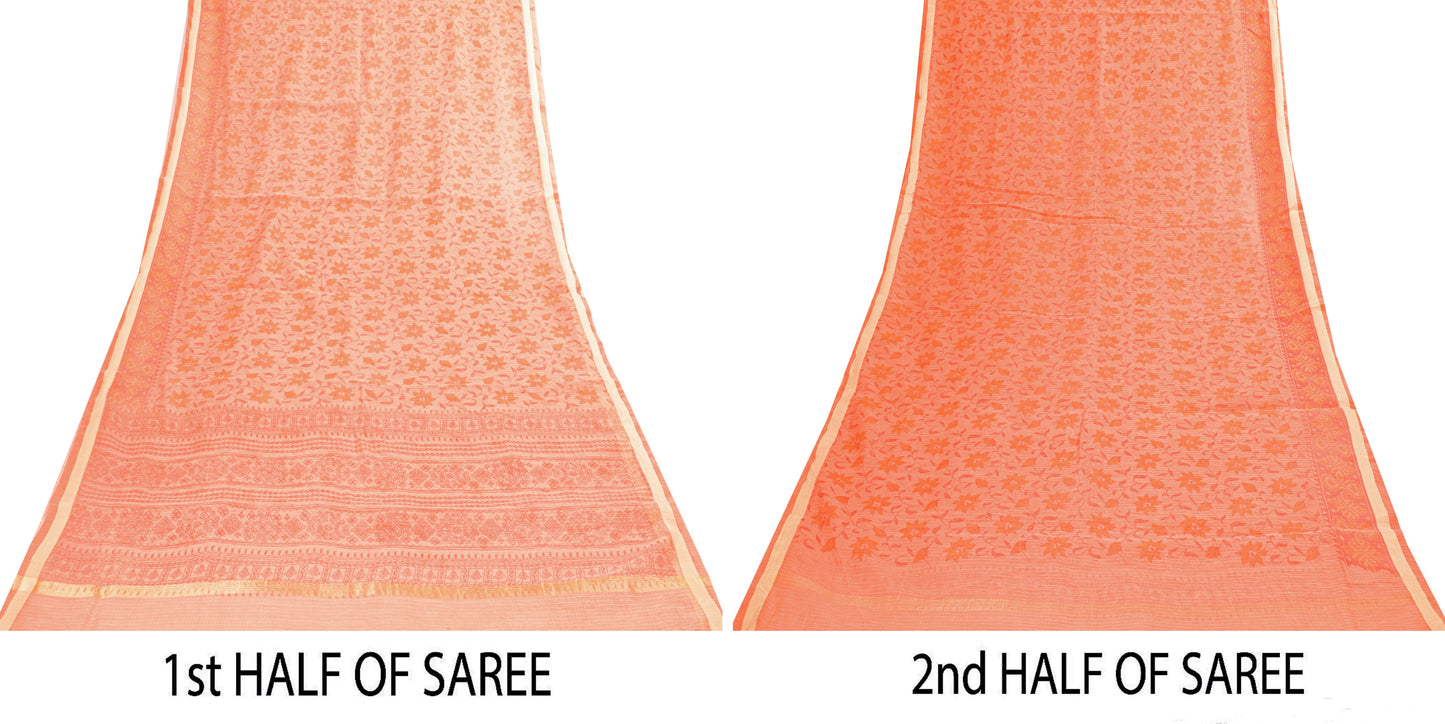 Sanskriti Vintage Peach Blend Cotton Saree Block Print Kota Woven 5.5+YD Fabric