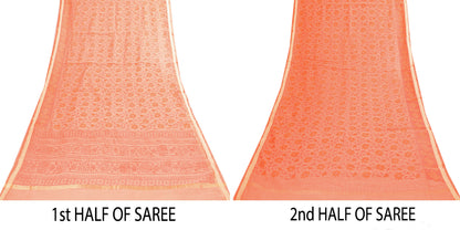 Sanskriti Vintage Peach Blend Cotton Saree Block Print Kota Woven 5.5+YD Fabric
