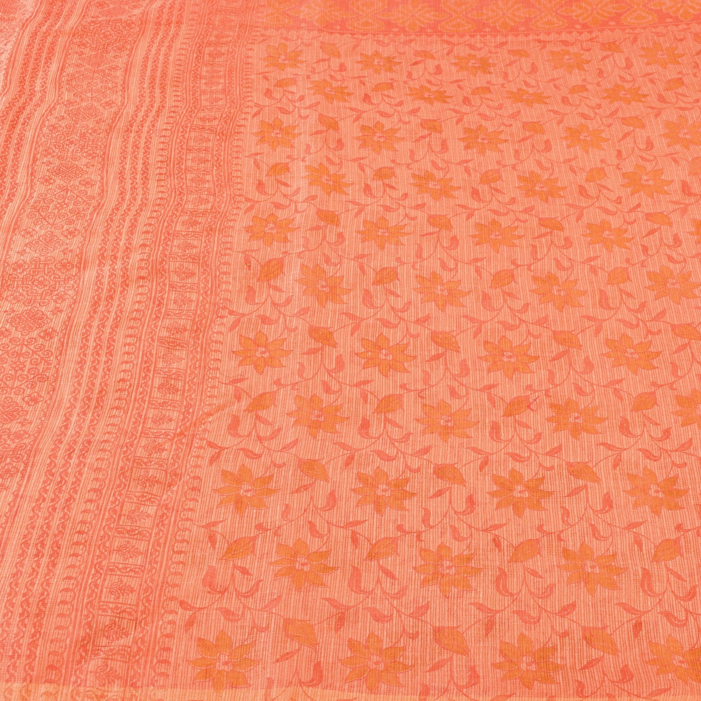 Sanskriti Vintage Peach Blend Cotton Saree Block Print Kota Woven 5.5+YD Fabric