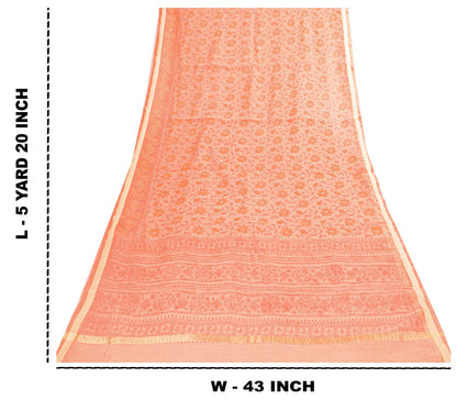 Sanskriti Vintage Peach Blend Cotton Saree Block Print Kota Woven 5.5+YD Fabric