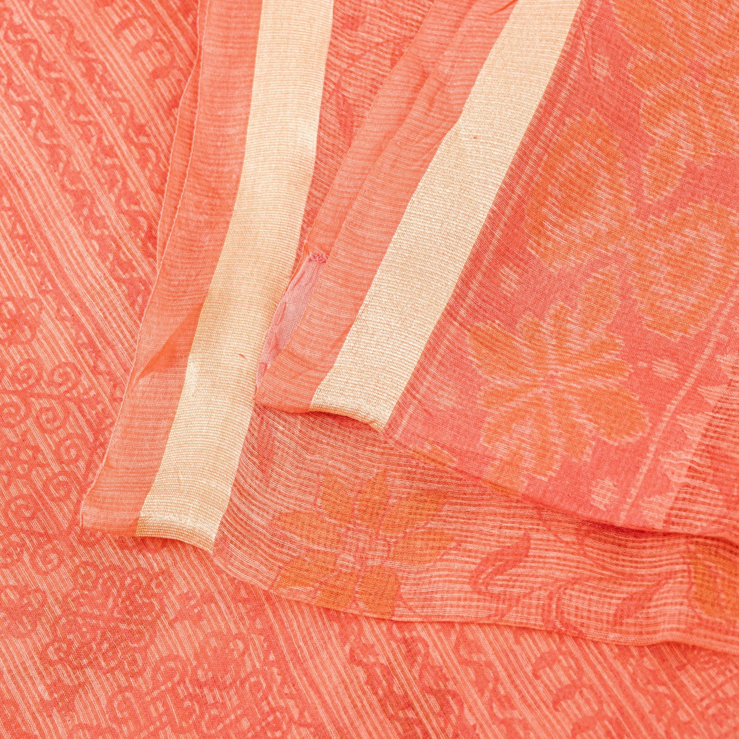 Sanskriti Vintage Peach Blend Cotton Saree Block Print Kota Woven 5.5+YD Fabric