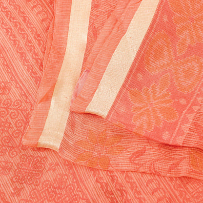 Sanskriti Vintage Peach Blend Cotton Saree Block Print Kota Woven 5.5+YD Fabric