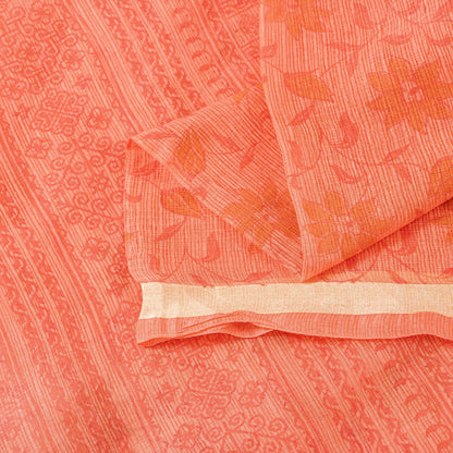 Sanskriti Vintage Peach Blend Cotton Saree Block Print Kota Woven 5.5+YD Fabric