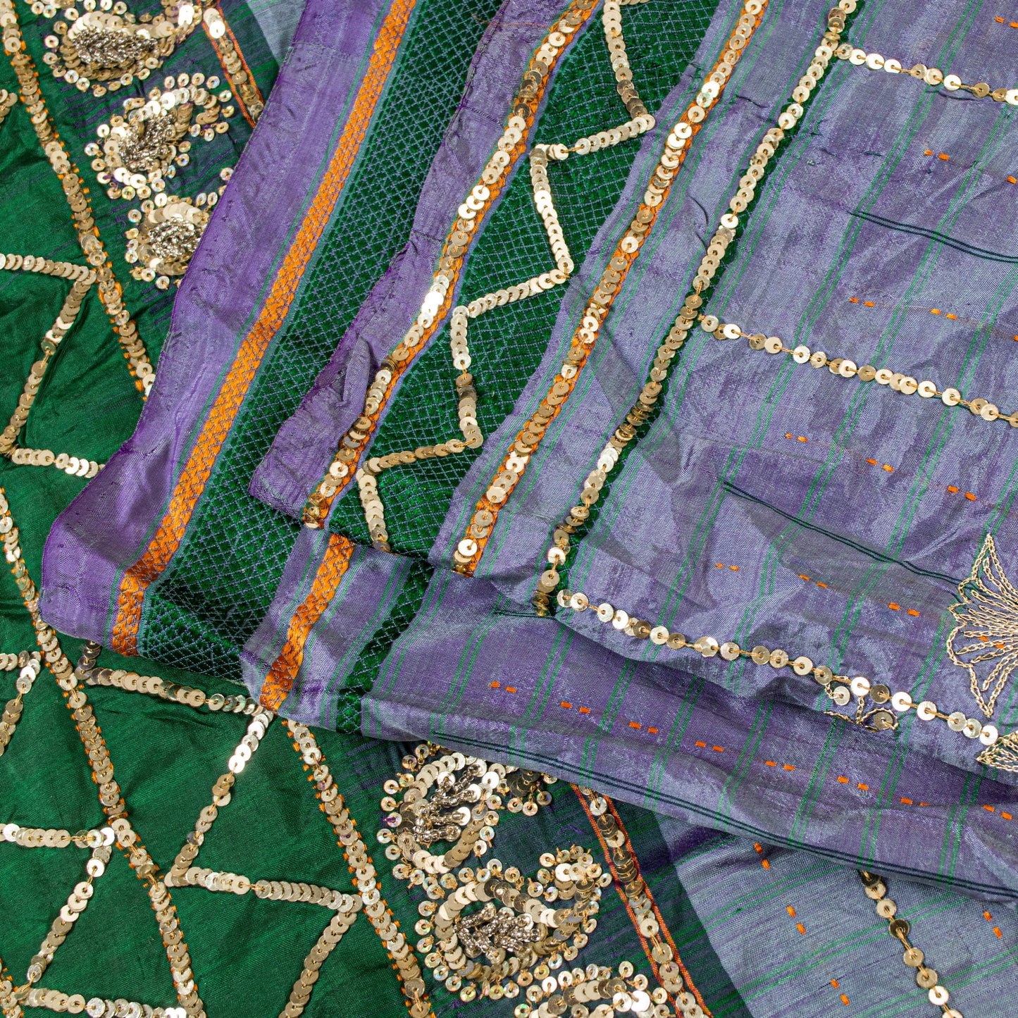 Sanskriti Vintage Purple-Green Pure Silk Saree Hand Bead Zari Woven 5+YD Fabric
