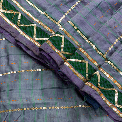 Sanskriti Vintage Purple-Green Pure Silk Saree Hand Bead Zari Woven 5+YD Fabric