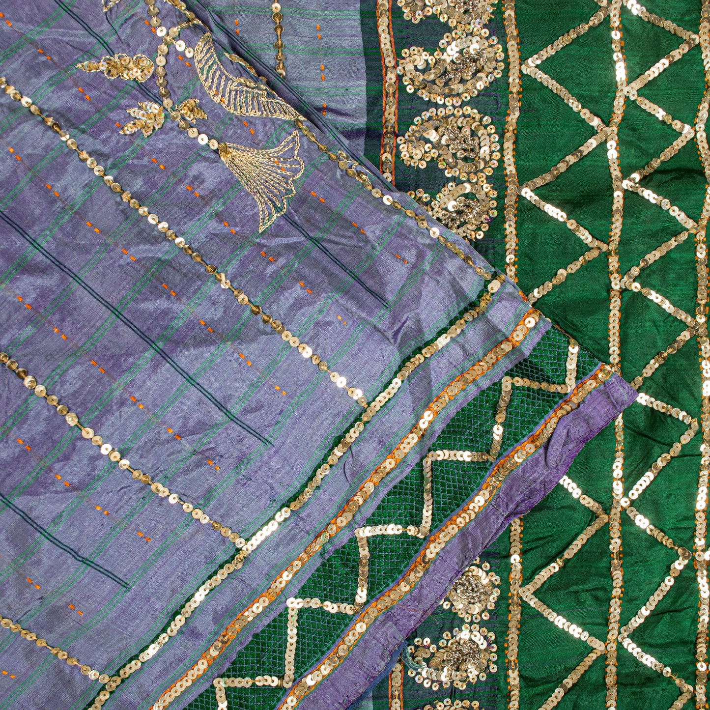 Sanskriti Vintage Purple-Green Pure Silk Saree Hand Bead Zari Woven 5+YD Fabric