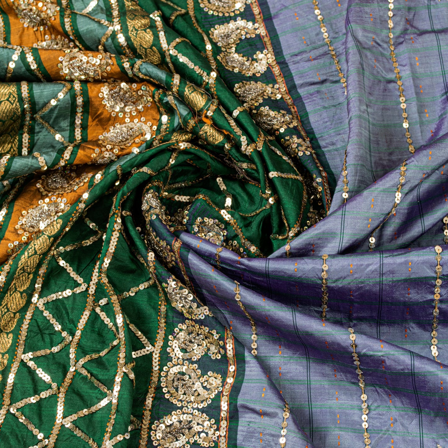 Sanskriti Vintage Purple-Green Pure Silk Saree Hand Bead Zari Woven 5+YD Fabric