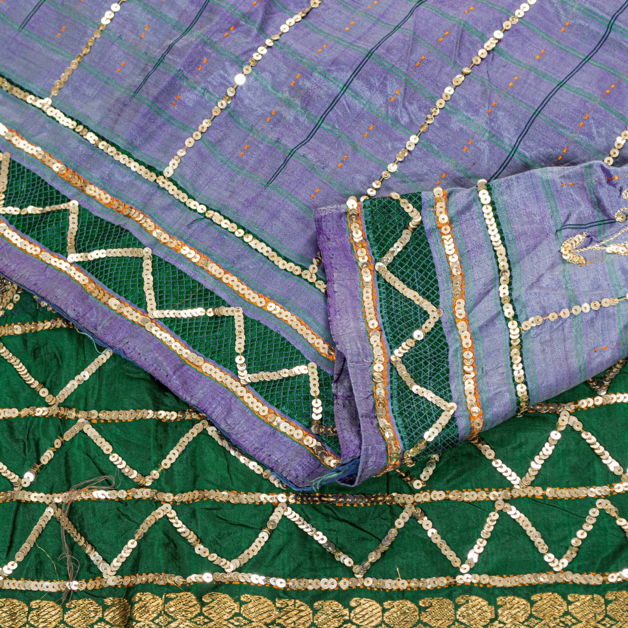 Sanskriti Vintage Purple-Green Pure Silk Saree Hand Bead Zari Woven 5+YD Fabric