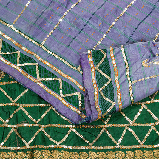 Sanskriti Vintage Purple-Green Pure Silk Saree Hand Bead Zari Woven 5+YD Fabric