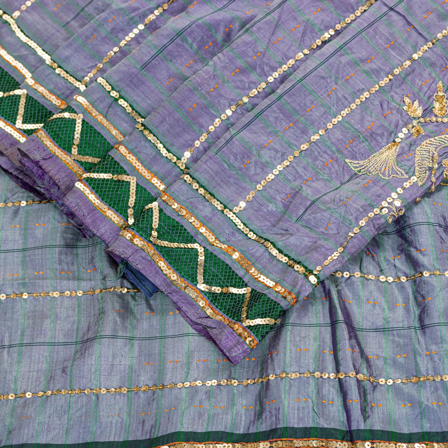 Sanskriti Vintage Purple-Green Pure Silk Saree Hand Bead Zari Woven 5+YD Fabric