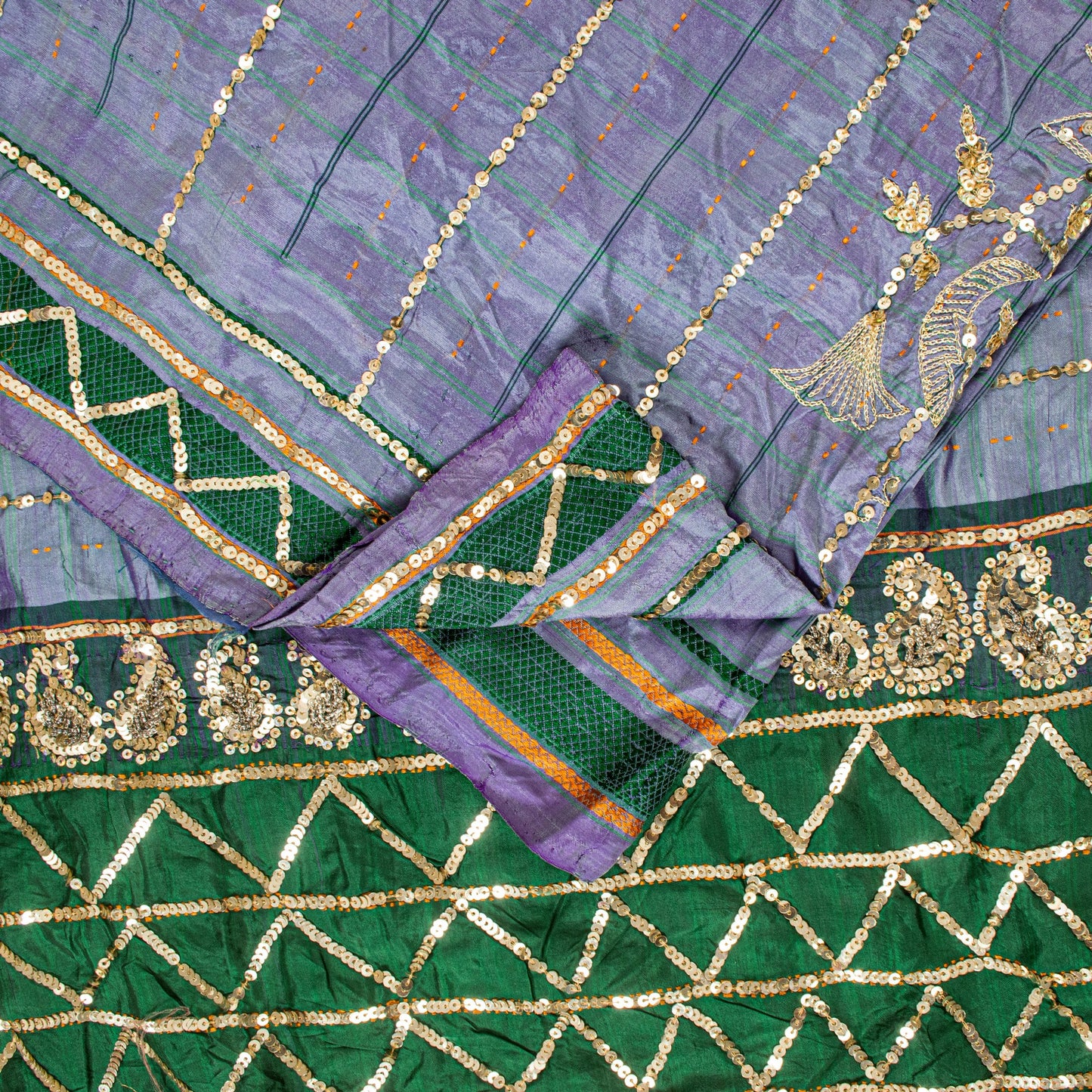 Sanskriti Vintage Purple-Green Pure Silk Saree Hand Bead Zari Woven 5+YD Fabric