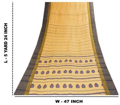 Sanskriti Vintage Pale Yellow Pure Cotton Saree Handwoven Begumpuri 5.5YD Fabric