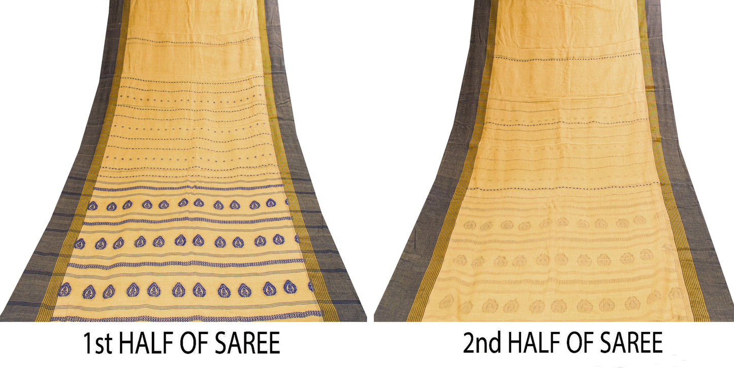 Sanskriti Vintage Pale Yellow Pure Cotton Saree Handwoven Begumpuri 5.5YD Fabric