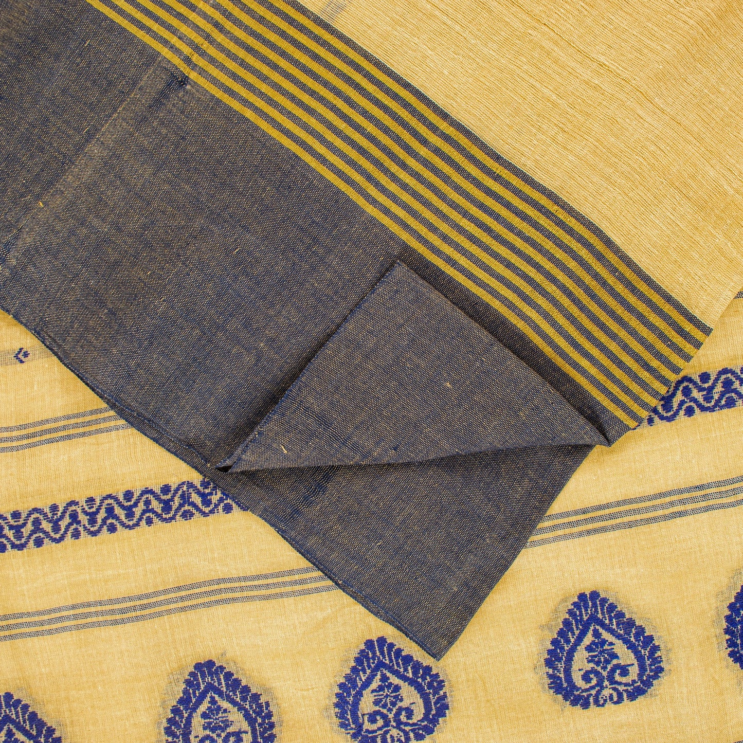 Sanskriti Vintage Pale Yellow Pure Cotton Saree Handwoven Begumpuri 5.5YD Fabric