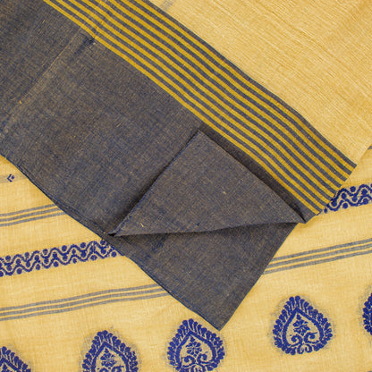 Sanskriti Vintage Pale Yellow Pure Cotton Saree Handwoven Begumpuri 5.5YD Fabric