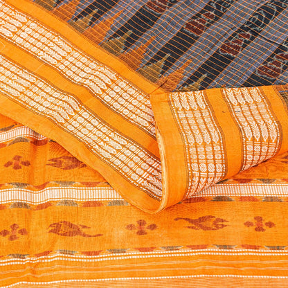 Sanskriti Vintage Black-Yellow 100%Pure Cotton Saree Hand Ikat Woven 5+YD Fabric