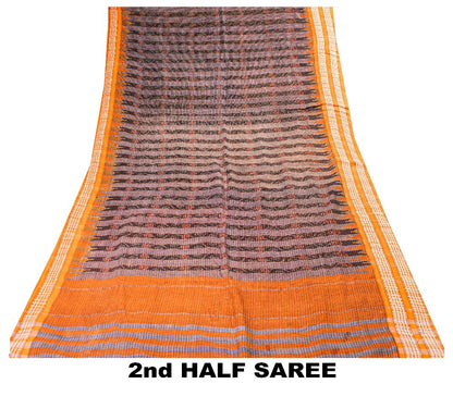 Sanskriti Vintage Black-Yellow 100%Pure Cotton Saree Hand Ikat Woven 5+YD Fabric