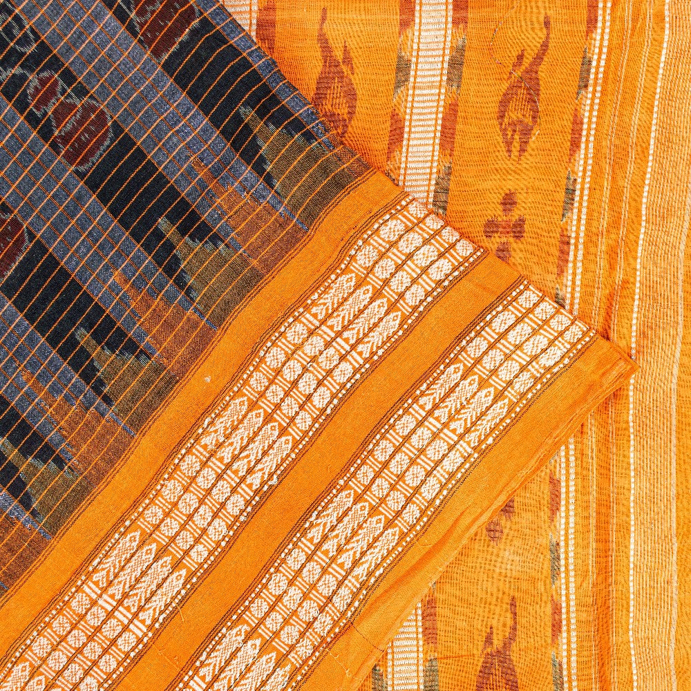 Sanskriti Vintage Black-Yellow 100%Pure Cotton Saree Hand Ikat Woven 5+YD Fabric