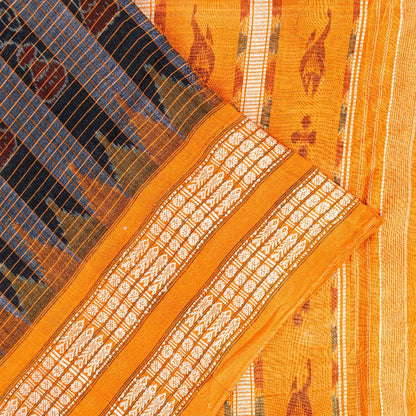 Sanskriti Vintage Black-Yellow 100%Pure Cotton Saree Hand Ikat Woven 5+YD Fabric