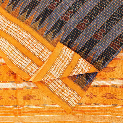 Sanskriti Vintage Black-Yellow 100%Pure Cotton Saree Hand Ikat Woven 5+YD Fabric