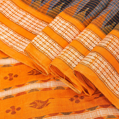 Sanskriti Vintage Black-Yellow 100%Pure Cotton Saree Hand Ikat Woven 5+YD Fabric