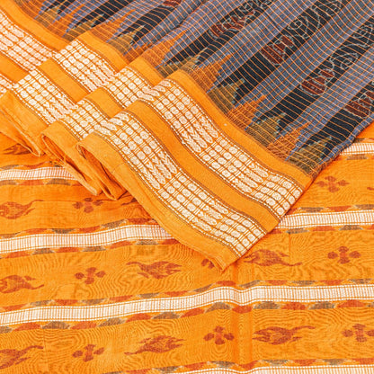 Sanskriti Vintage Black-Yellow 100%Pure Cotton Saree Hand Ikat Woven 5+YD Fabric