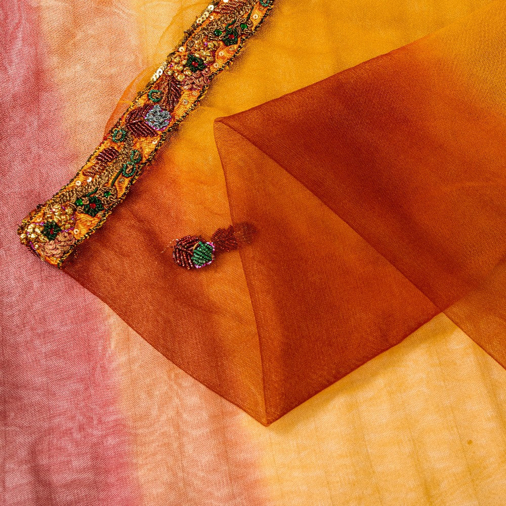 Sanskriti Vintage Yellow-Pink Net Saree Hand Embroidery Zardozi Zari 6+YD Fabric