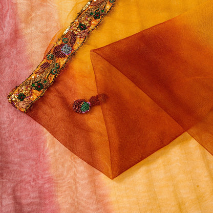 Sanskriti Vintage Yellow-Pink Net Saree Hand Embroidery Zardozi Zari 6+YD Fabric