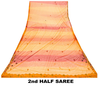 Sanskriti Vintage Yellow-Pink Net Saree Hand Embroidery Zardozi Zari 6+YD Fabric