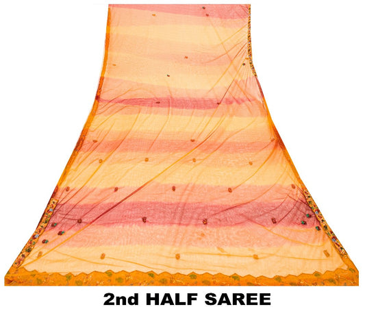 Sanskriti Vintage Yellow-Pink Net Saree Hand Embroidery Zardozi Zari 6+YD Fabric