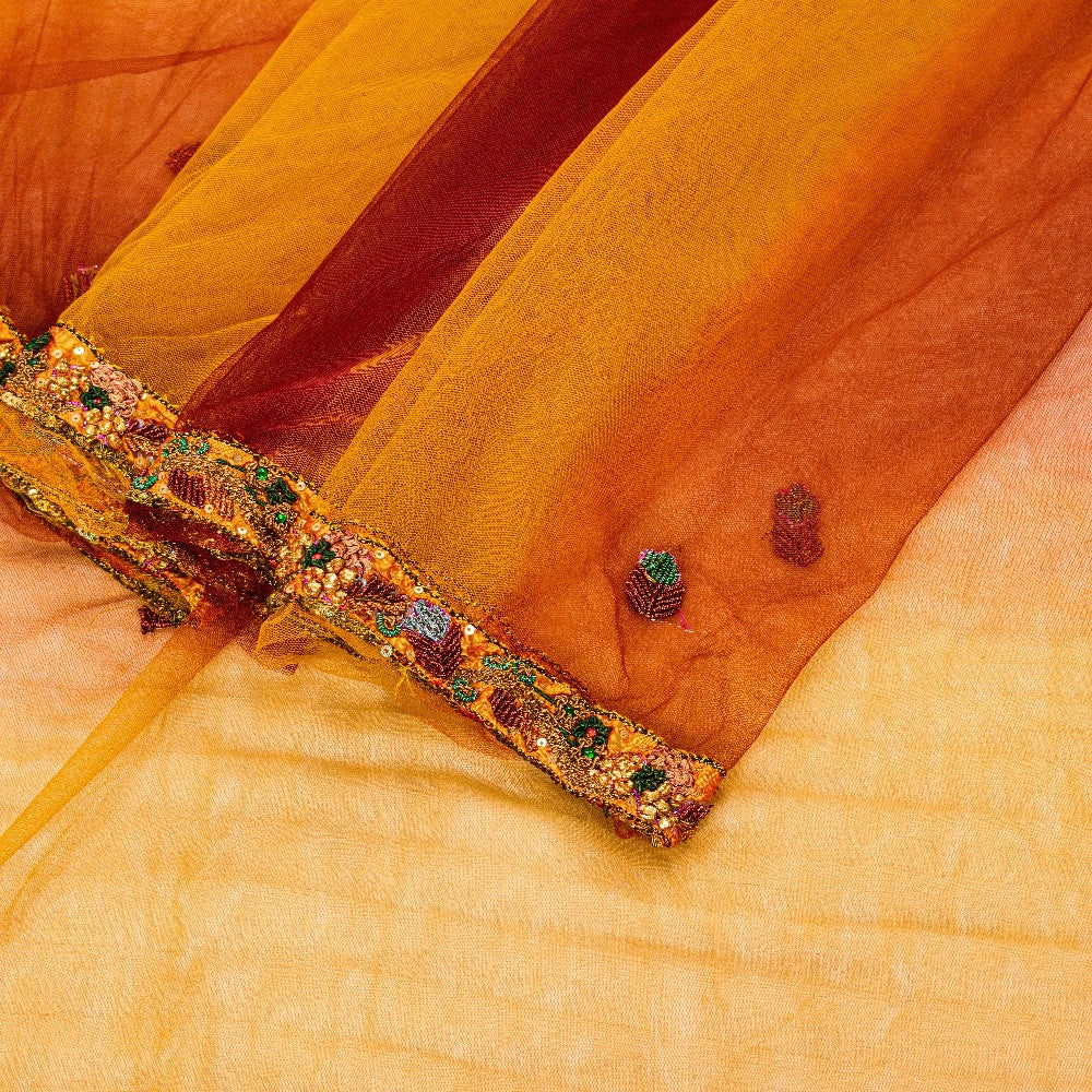 Sanskriti Vintage Yellow-Pink Net Saree Hand Embroidery Zardozi Zari 6+YD Fabric